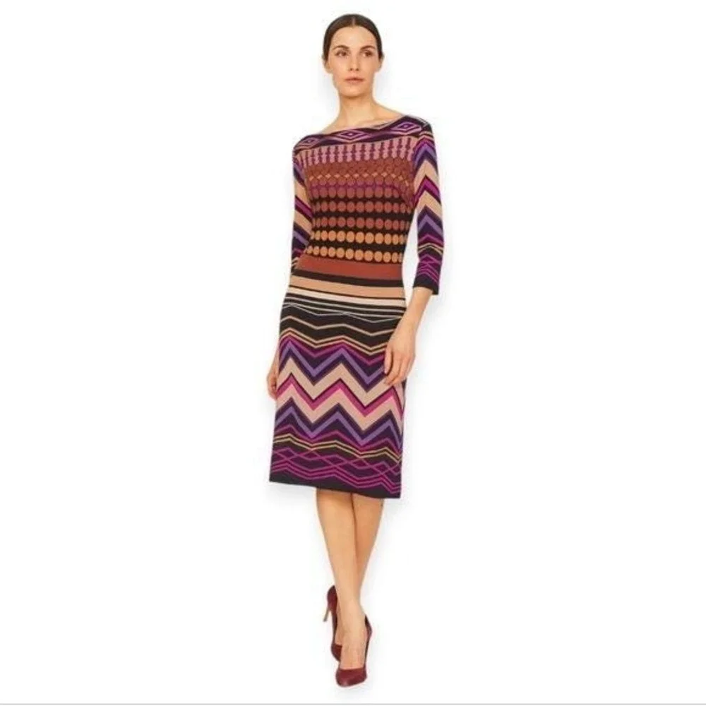 Donna Morgan 90s‎ Geometric Polka Dot Boat Neck Sheath Dress Purple Tan Black